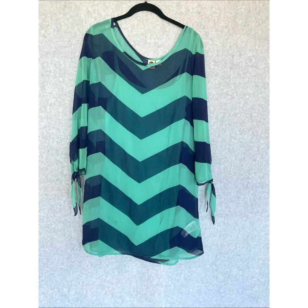 Roxy Teal Chevron Sheer Tunic Blouse Large L Boho Beach Cover Up Tie Sleeve